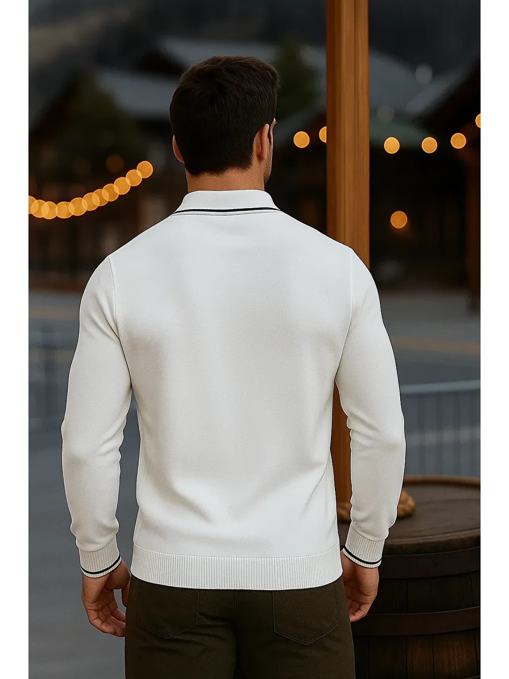 Erkek Günlük Uzun Kollu Beyaz Polo Yaka Kazak-5