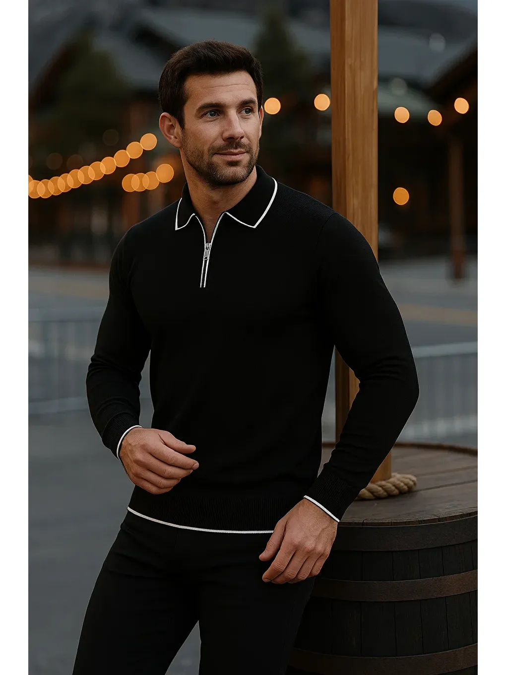 Erkek Günlük Uzun Kollu Siyah Polo Yaka Kazak