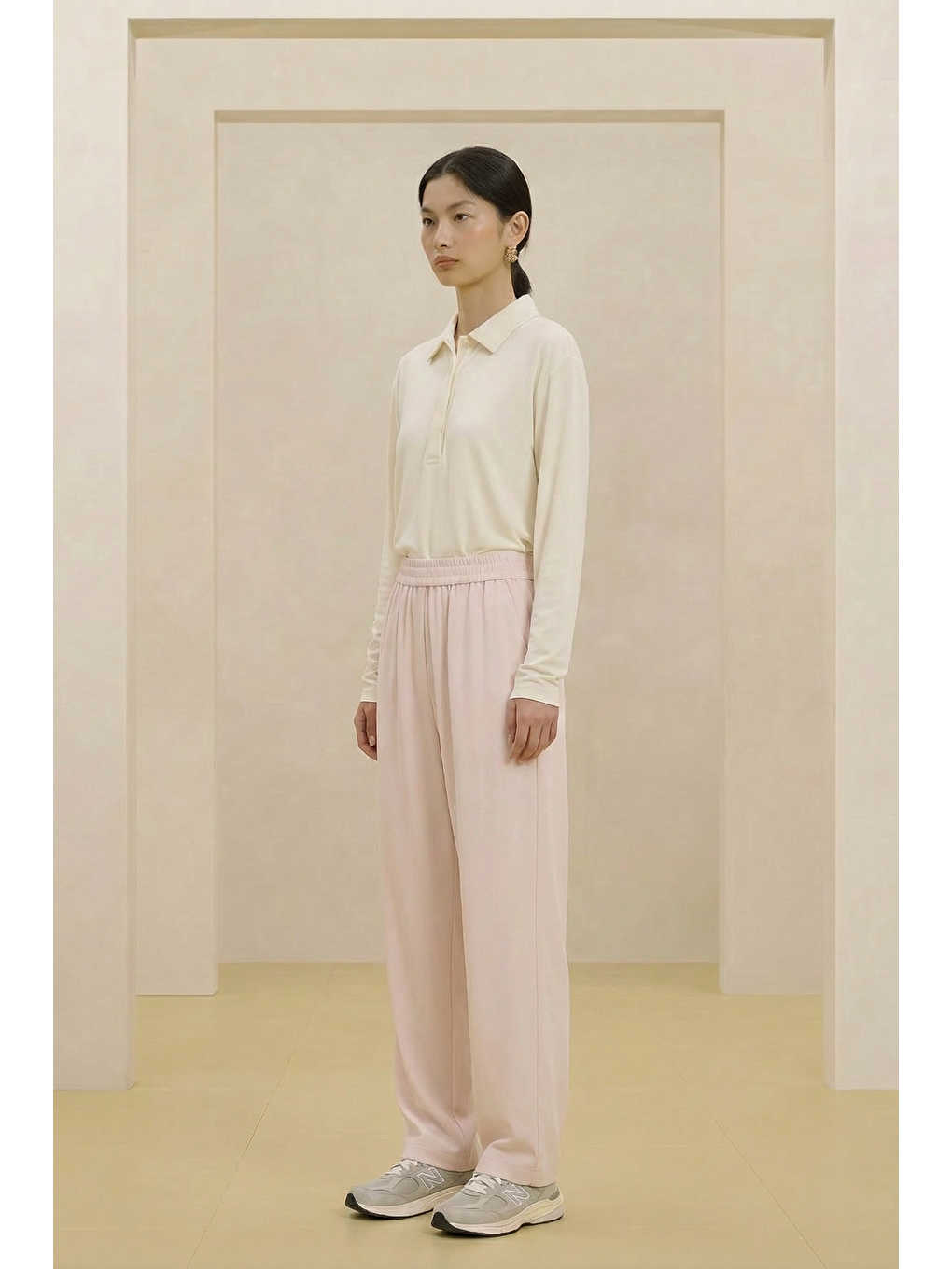 Pembe ALESTA | Yüksek Bel Dökümlü Pantolon Pudra-2