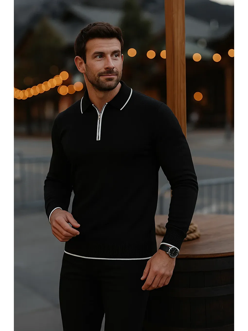 Erkek Günlük Uzun Kollu Siyah Polo Yaka Kazak-1