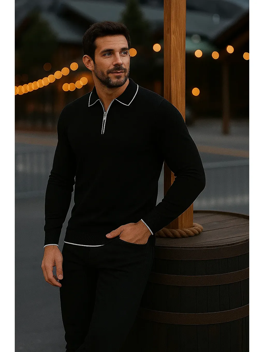 Erkek Günlük Uzun Kollu Siyah Polo Yaka Kazak-3