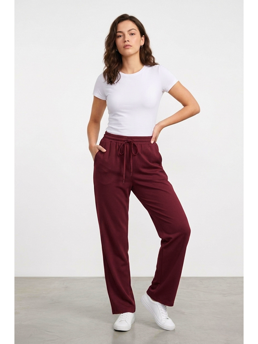 Mürdüm Kadın Pantolon Beli Lastikli Cepli Rahat Kalıp Kadın Spor Pantolon