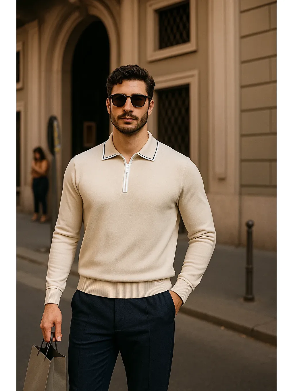 Erkek Fermuarlı Bej Uzun Kollu Polo Yaka Triko Kazak