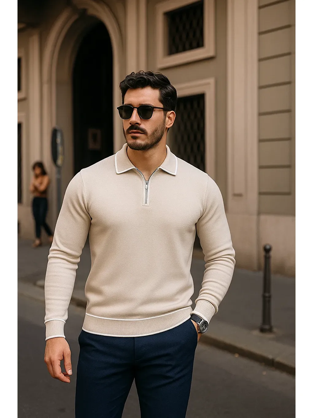 Erkek Fermuarlı Bej Uzun Kollu Polo Yaka Triko Kazak-1