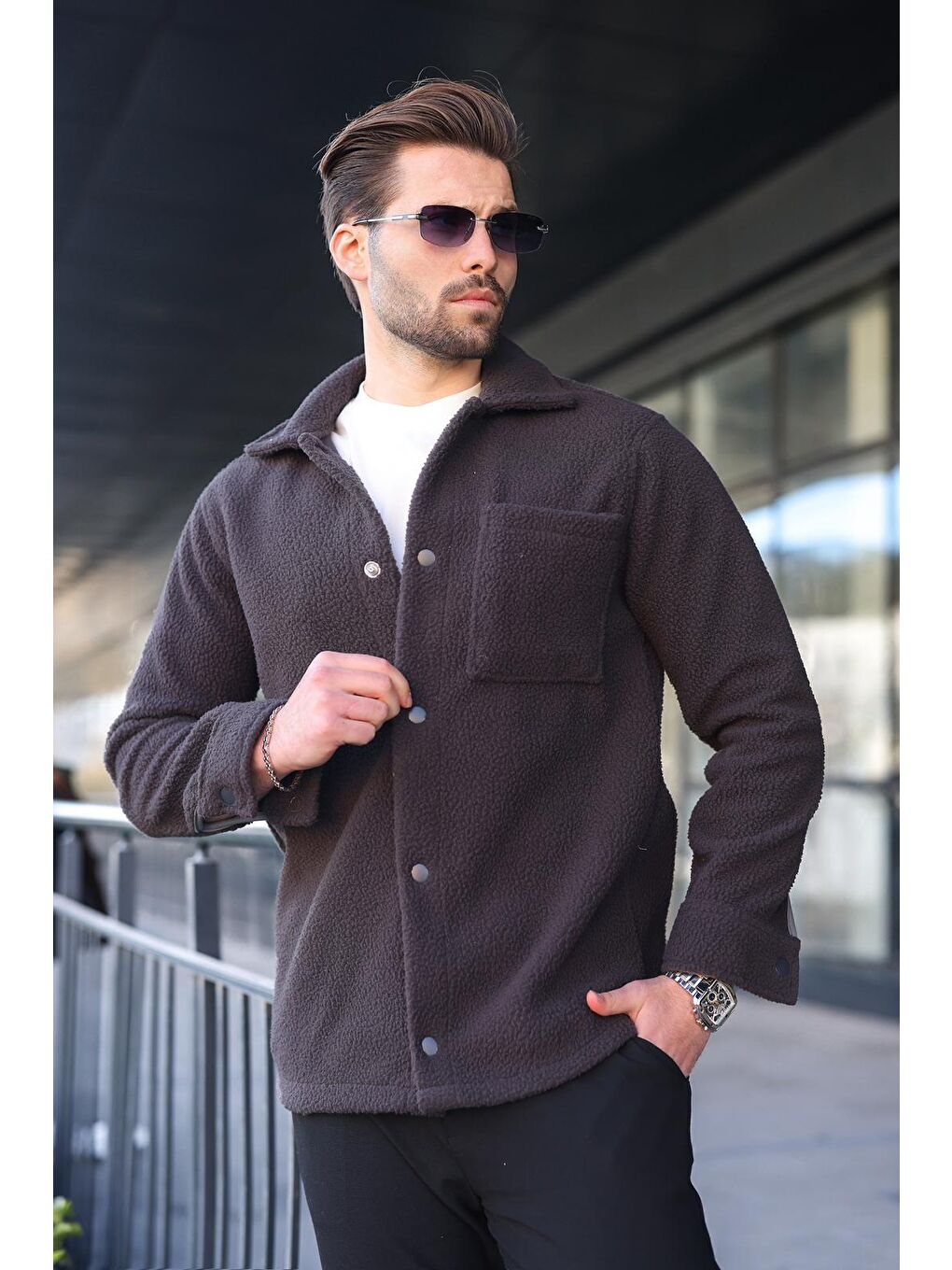 Antrasit Çıt Kapamalı Yandan Cepli Erkek Gömlek Ceket E6769-3