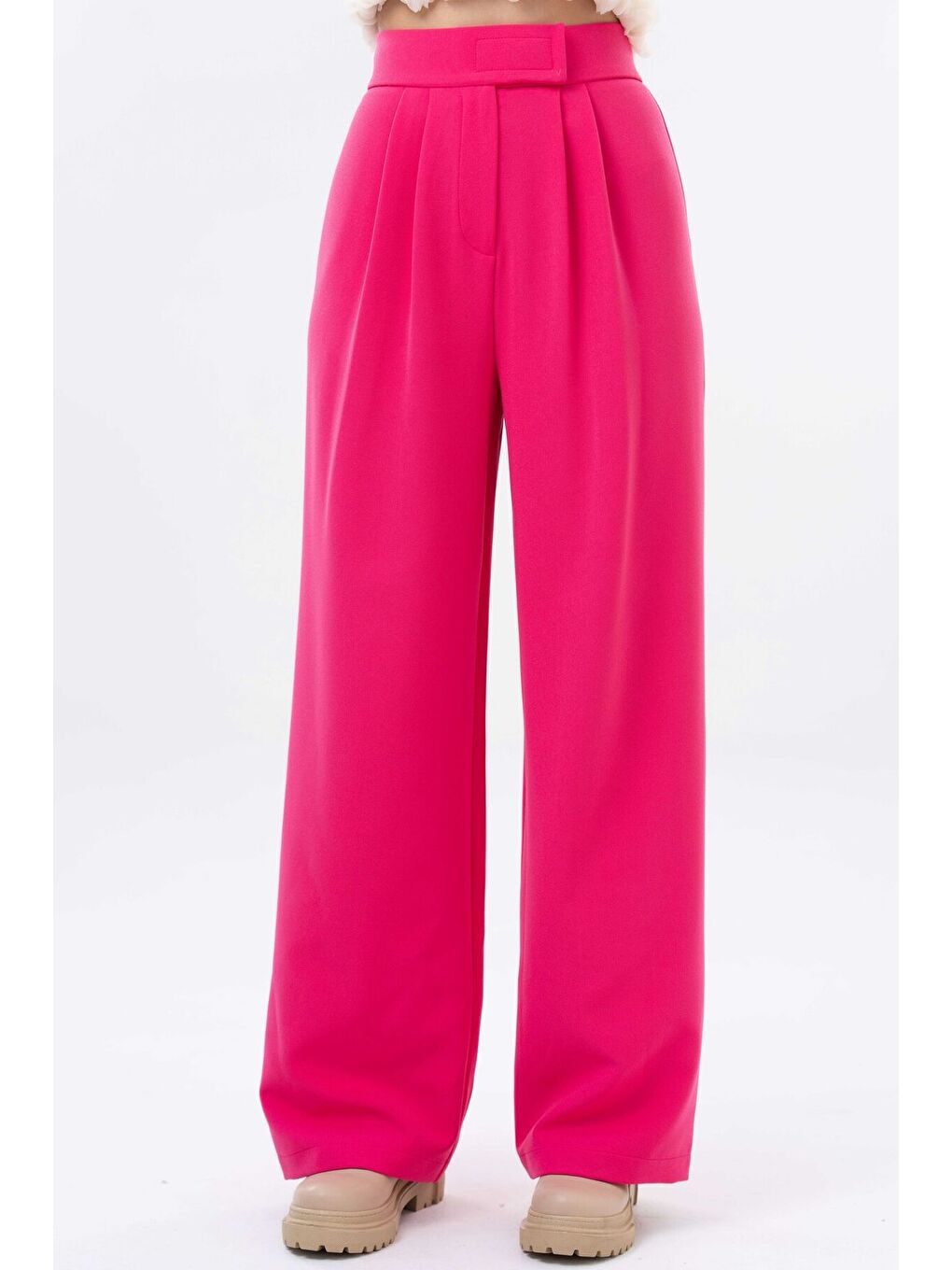 Fuşya Yüksek Bel Cırtlı Kapama Çift Pile Dokuma Palazzo Pantolon