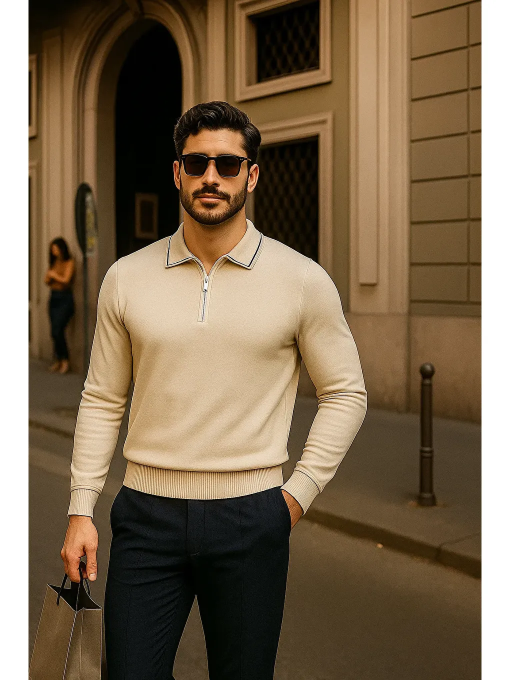 Erkek Fermuarlı Bej Uzun Kollu Polo Yaka Triko Kazak-2