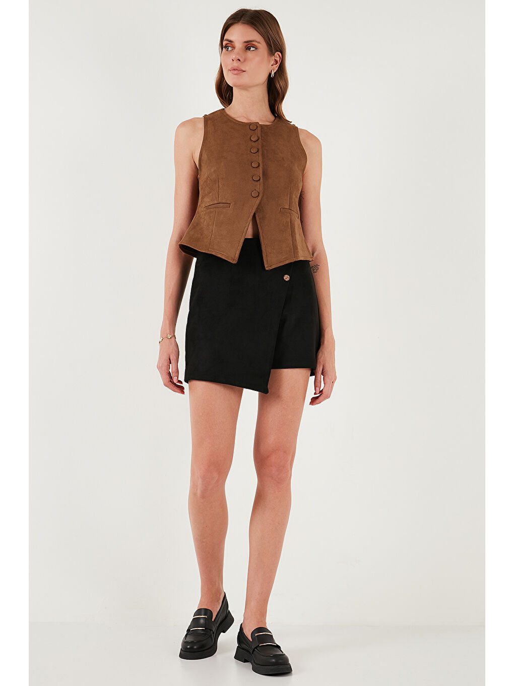 Kahverengi Fitted Fit Bisiklet Yaka Düğmeli Yumuşak Dokulu Yelek 5866435-1