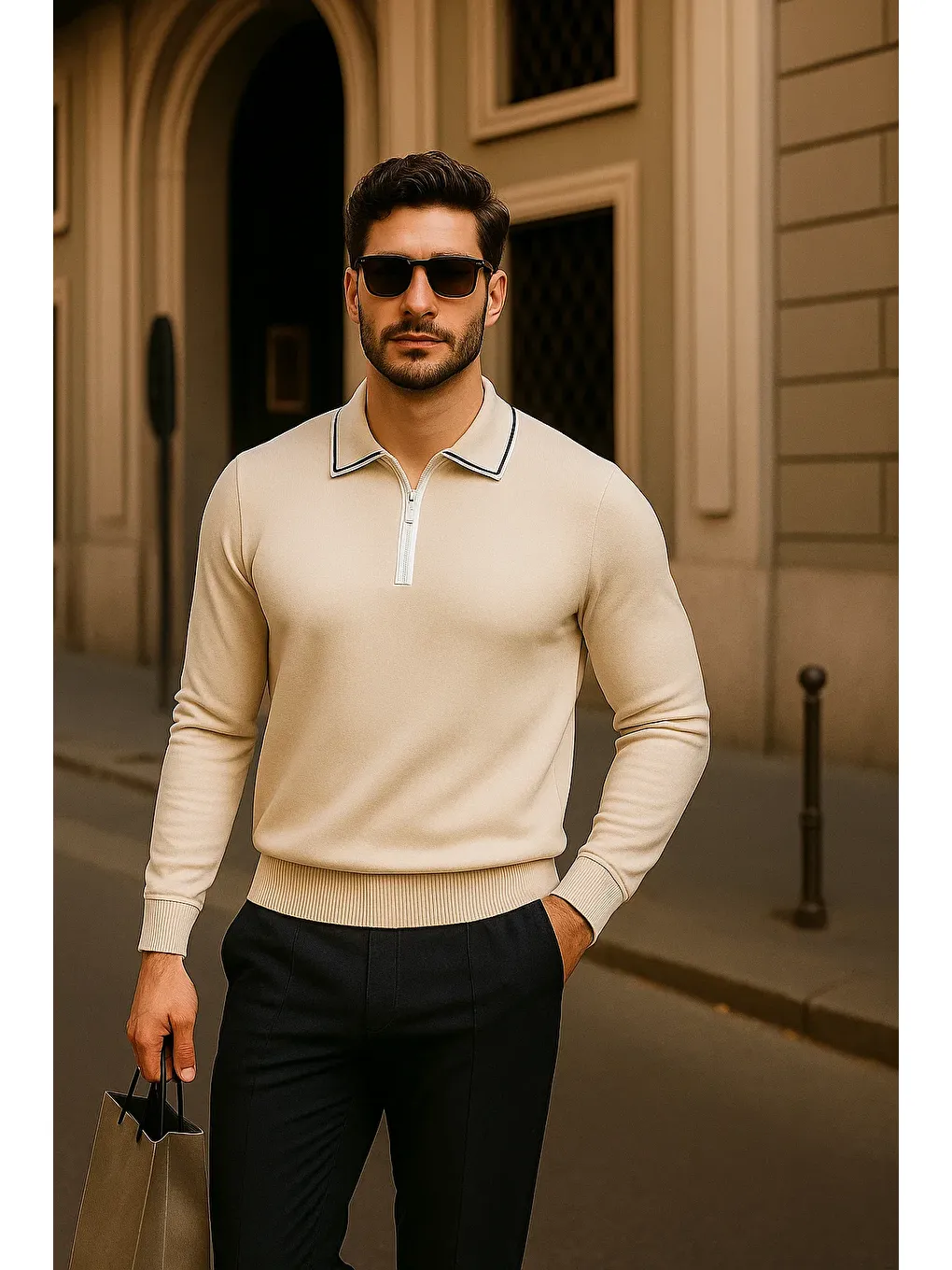 Erkek Fermuarlı Bej Uzun Kollu Polo Yaka Triko Kazak-3