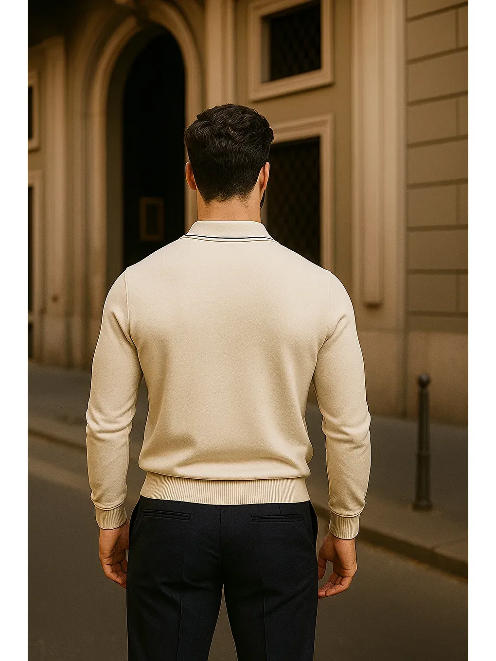 Erkek Fermuarlı Bej Uzun Kollu Polo Yaka Triko Kazak-4
