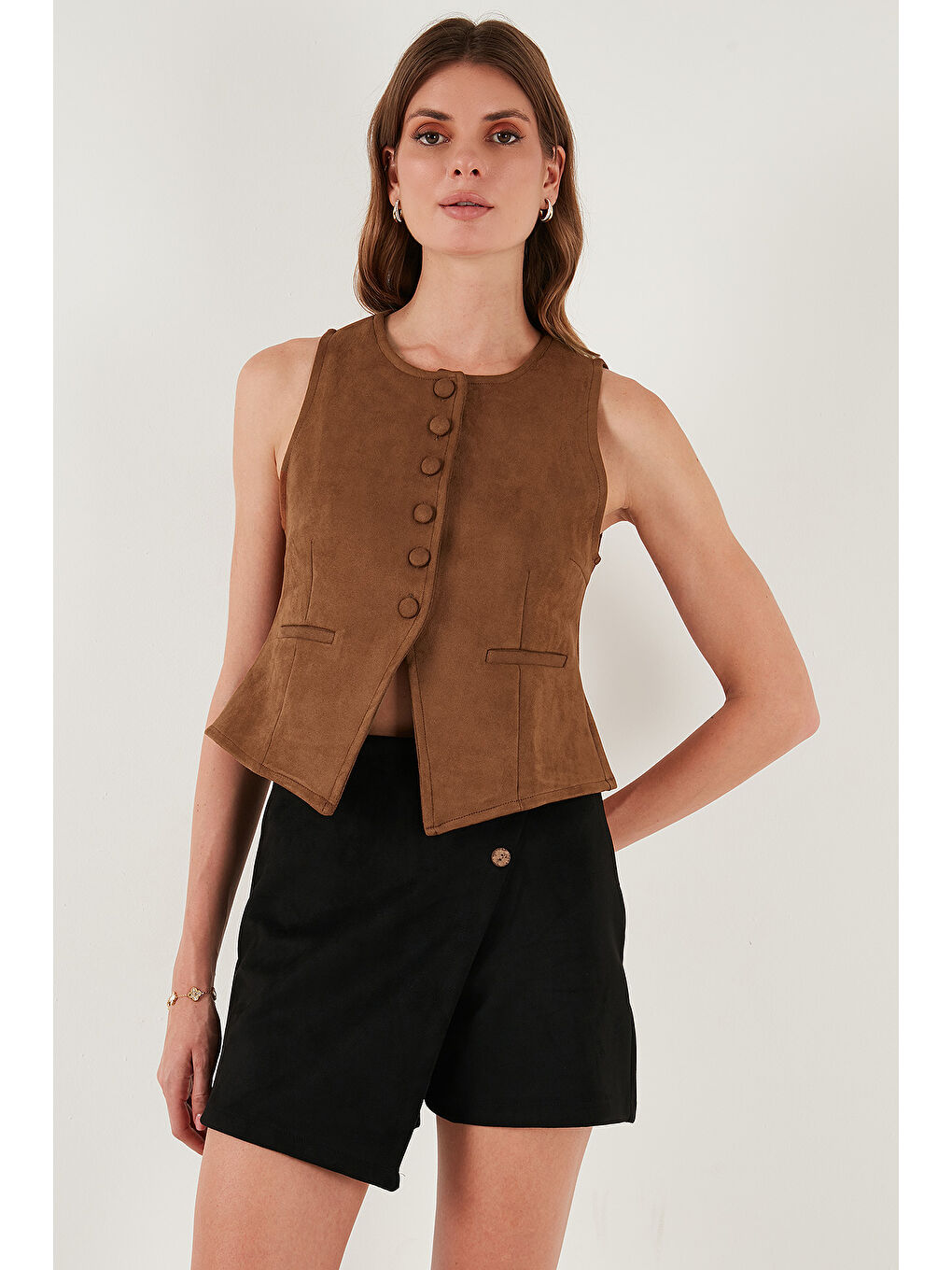 Kahverengi Fitted Fit Bisiklet Yaka Düğmeli Yumuşak Dokulu Yelek 5866435-2