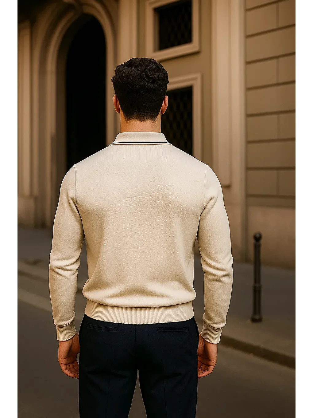 Erkek Fermuarlı Bej Uzun Kollu Polo Yaka Triko Kazak-5
