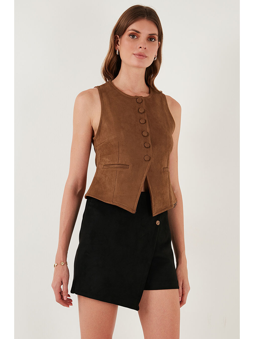 Kahverengi Fitted Fit Bisiklet Yaka Düğmeli Yumuşak Dokulu Yelek 5866435-3