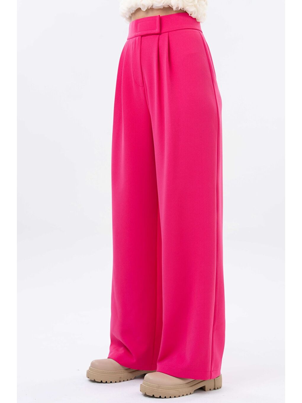 Fuşya Yüksek Bel Cırtlı Kapama Çift Pile Dokuma Palazzo Pantolon-1