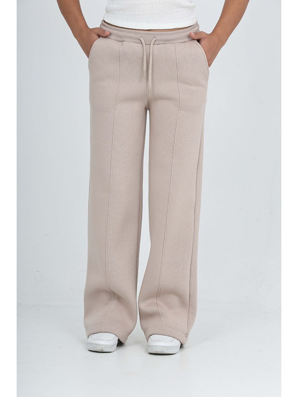 Bej Kız Çocuk Nervür Detaylı Eşofman Alt-1