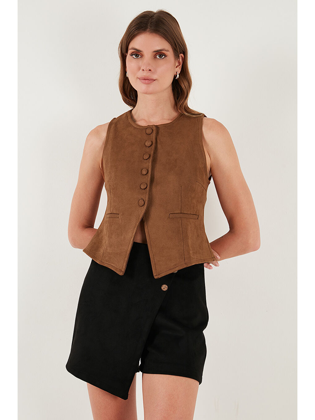 Kahverengi Fitted Fit Bisiklet Yaka Düğmeli Yumuşak Dokulu Yelek 5866435-4