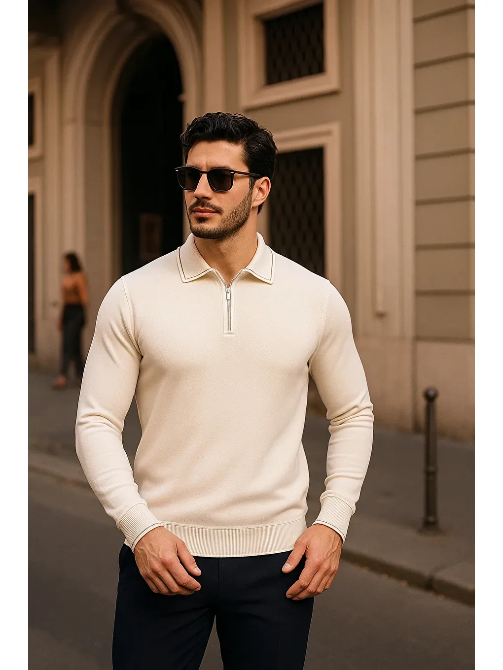 Ekru Erkek Fermuarlı Krem Uzun Kollu Polo Yaka Triko Kazak-1