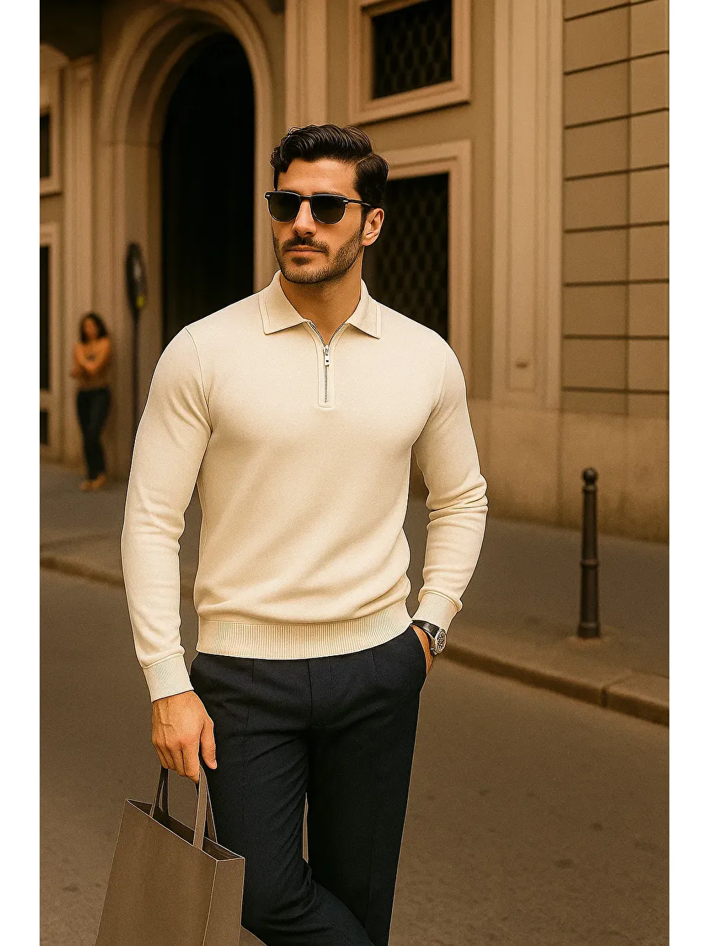 Ekru Erkek Fermuarlı Krem Uzun Kollu Polo Yaka Triko Kazak-2