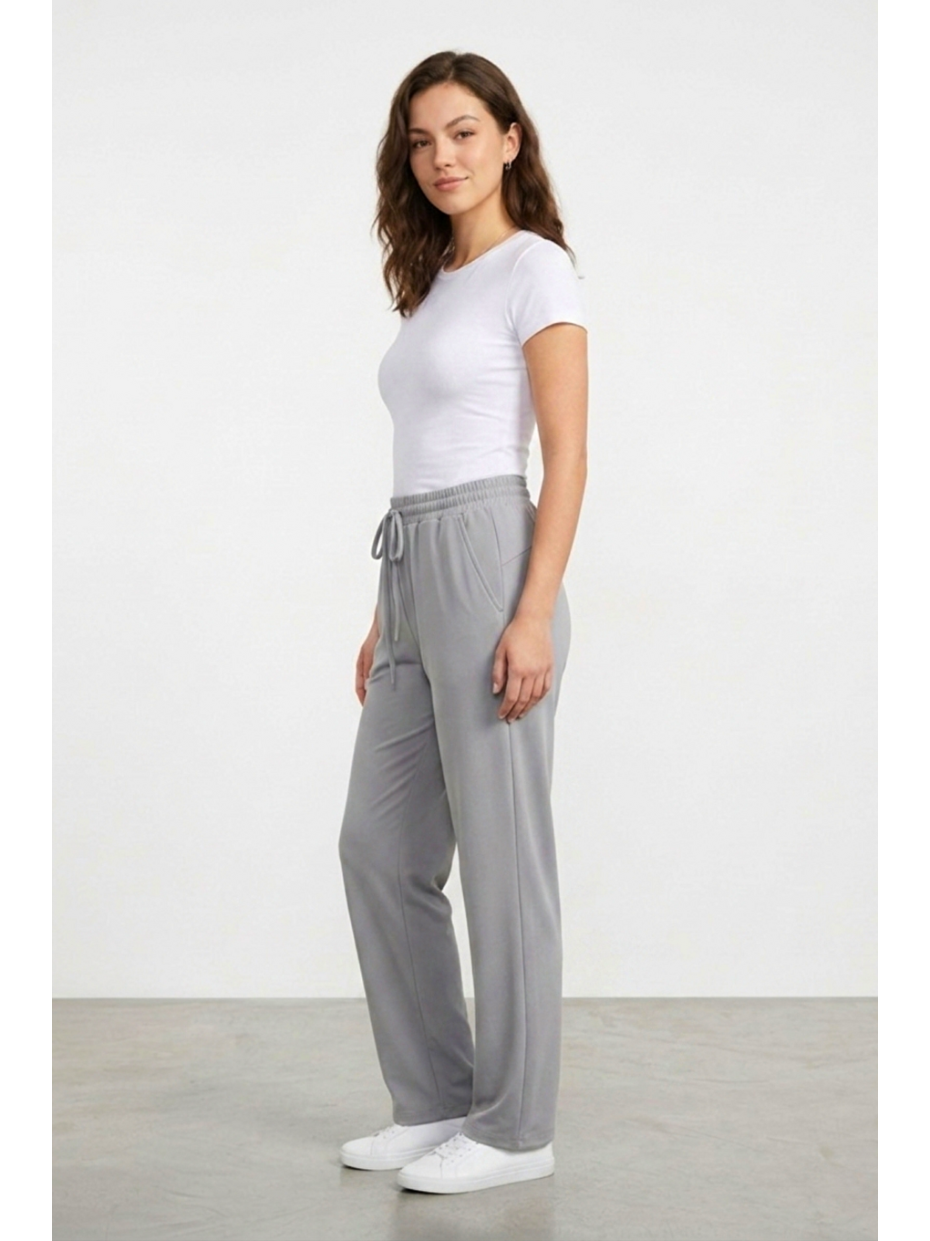 Gri Kadın Pantolon Beli Lastikli Cepli Rahat Kalıp Kadın Spor Pantolon-1