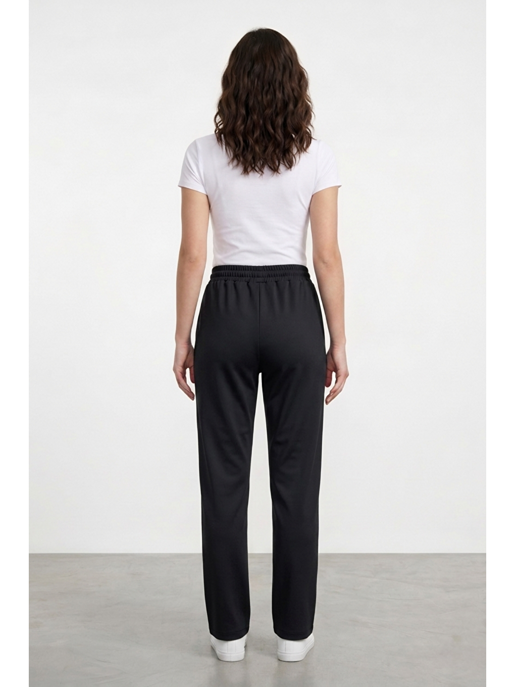 Siyah Kadın Pantolon Beli Lastikli Cepli Rahat Kalıp Kadın Spor Pantolon-4