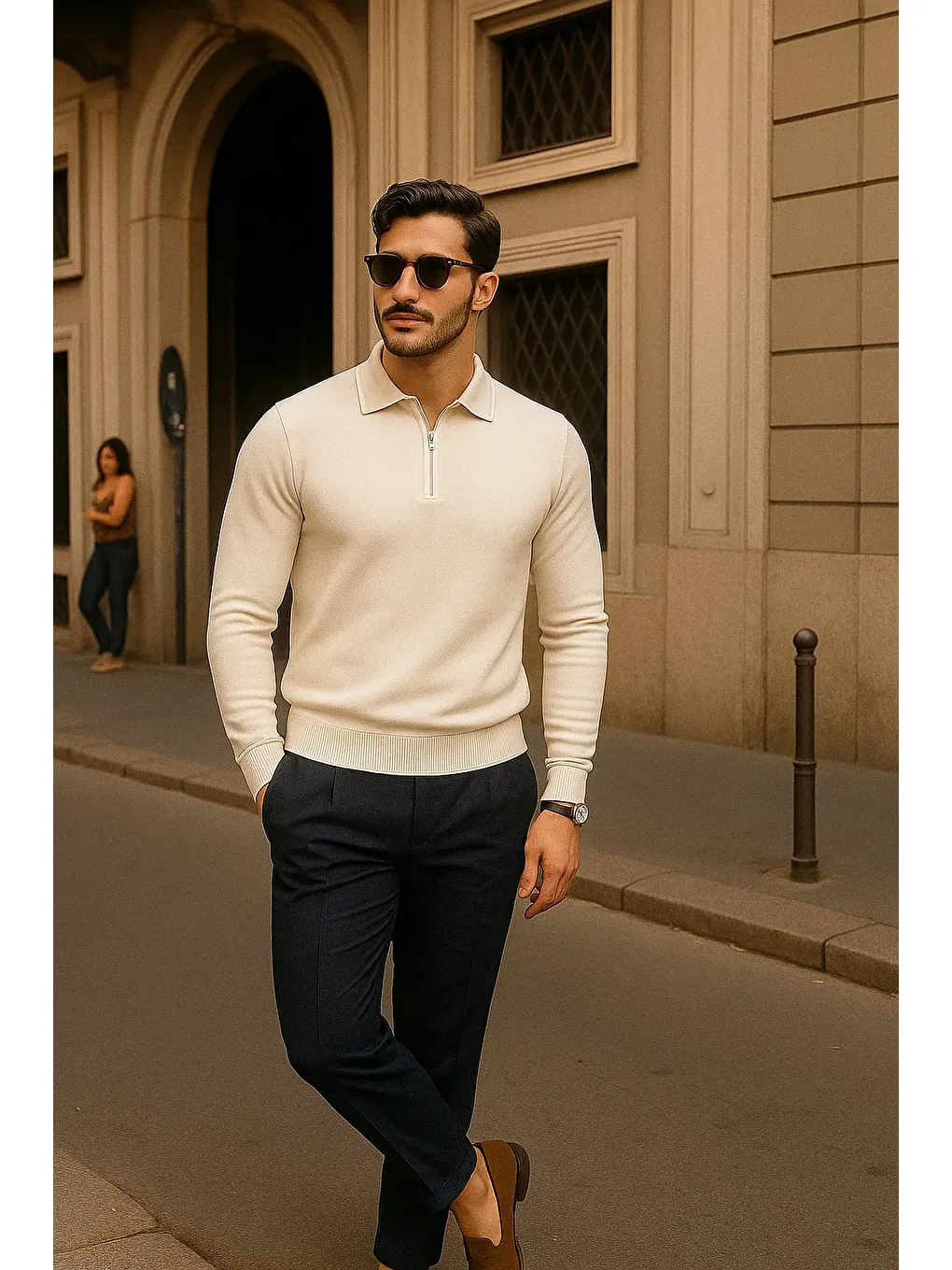 Ekru Erkek Fermuarlı Krem Uzun Kollu Polo Yaka Triko Kazak-3