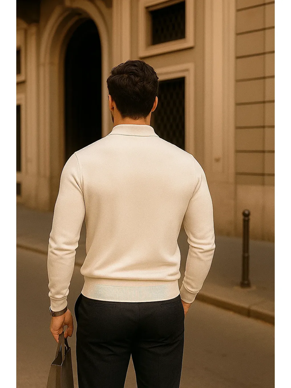 Ekru Erkek Fermuarlı Krem Uzun Kollu Polo Yaka Triko Kazak-4