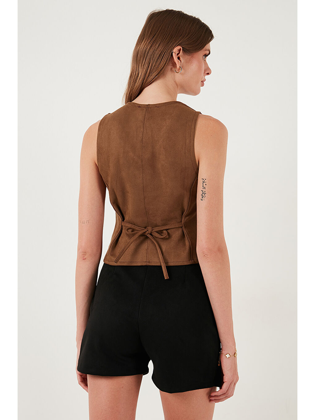 Kahverengi Fitted Fit Bisiklet Yaka Düğmeli Yumuşak Dokulu Yelek 5866435-6