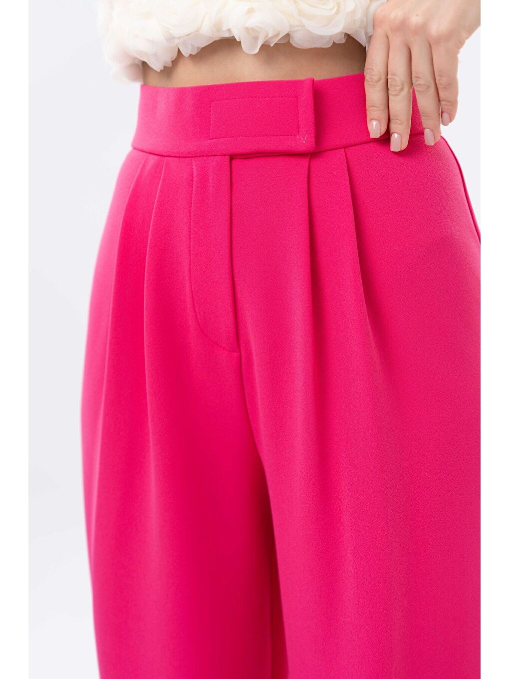 Fuşya Yüksek Bel Cırtlı Kapama Çift Pile Dokuma Palazzo Pantolon-2