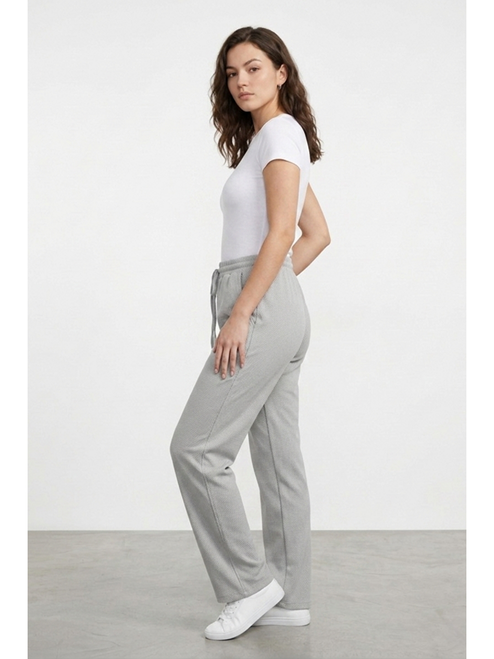 Gri Kadın Pantolon Beli Lastikli Cepli Rahat Kalıp Kadın Spor Pantolon-2