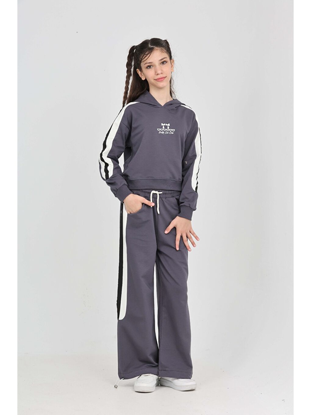 Antrasit Kız Çocuk Fiyonk Nakışlı Eşofman Takım-2