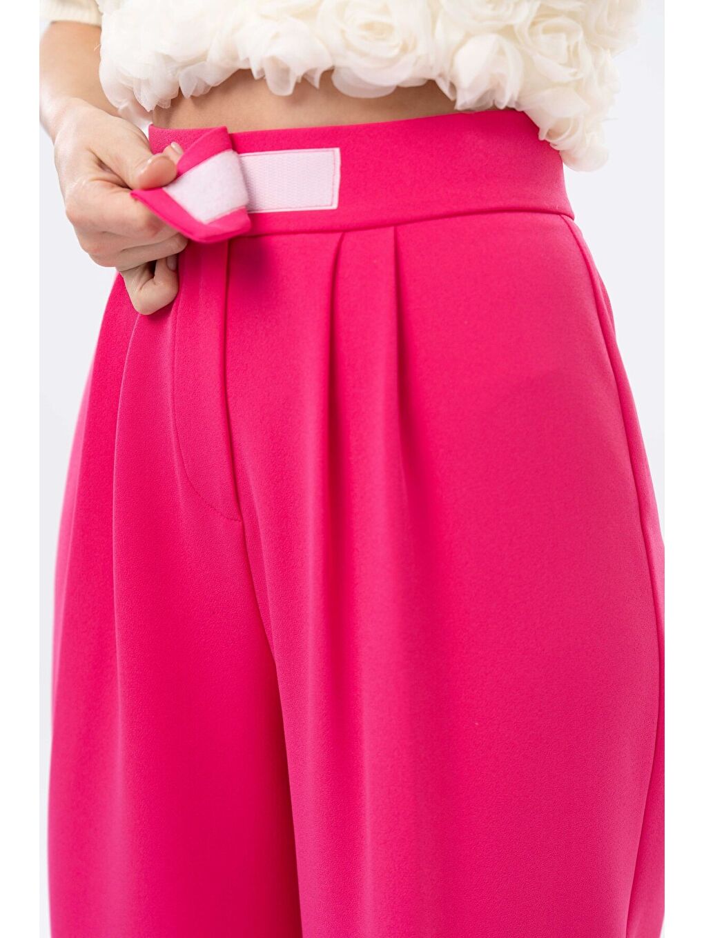 Fuşya Yüksek Bel Cırtlı Kapama Çift Pile Dokuma Palazzo Pantolon-3