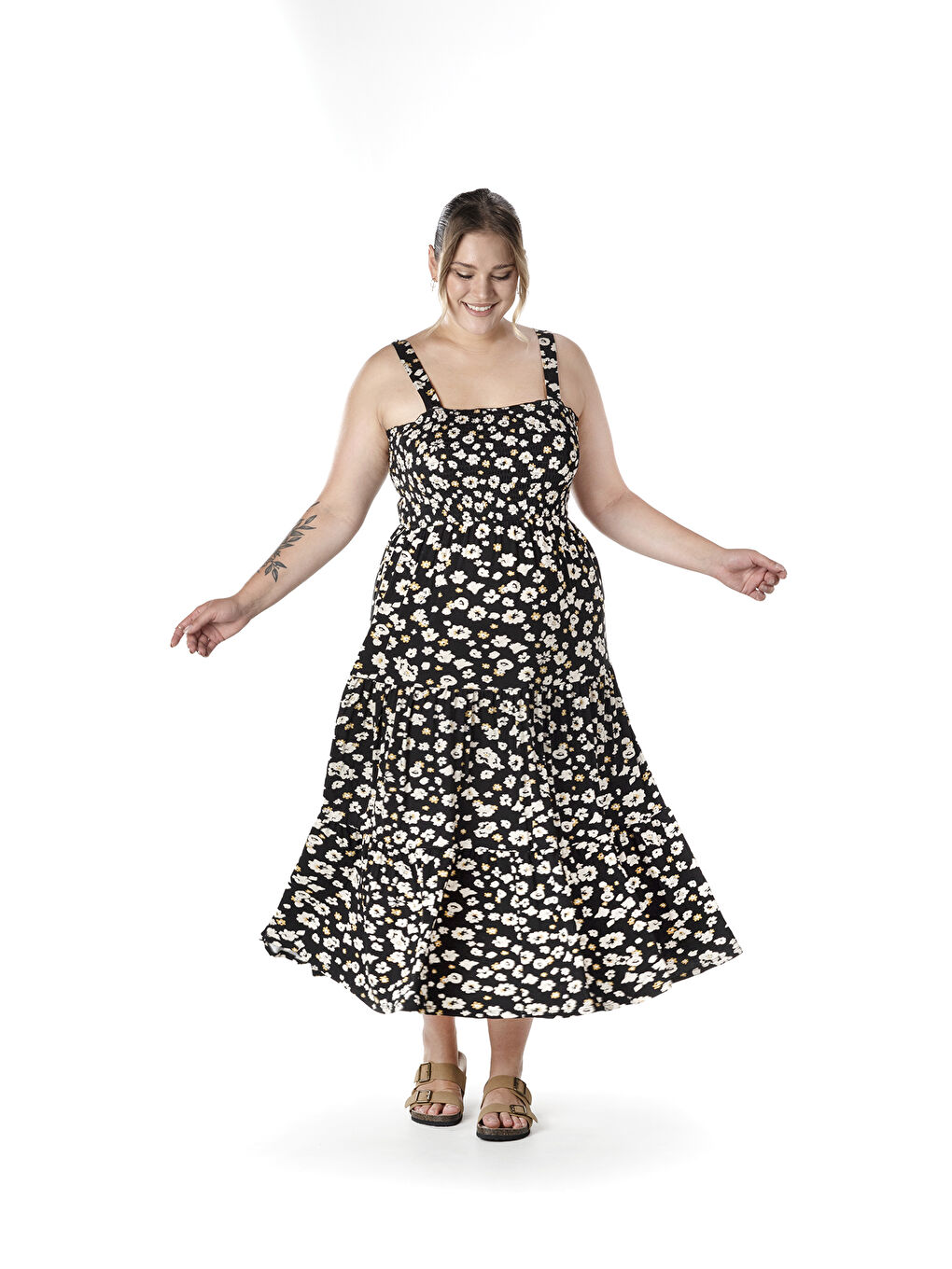 Sarı Büyük Beden Çiçek Desenli Kalın Askılı Beli Lastikli Elbise T-83-1