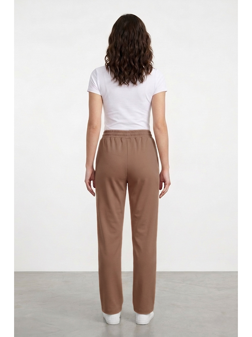 Bej Kadın Pantolon Beli Lastikli Cepli Rahat Kalıp Kadın Spor Pantolon-4