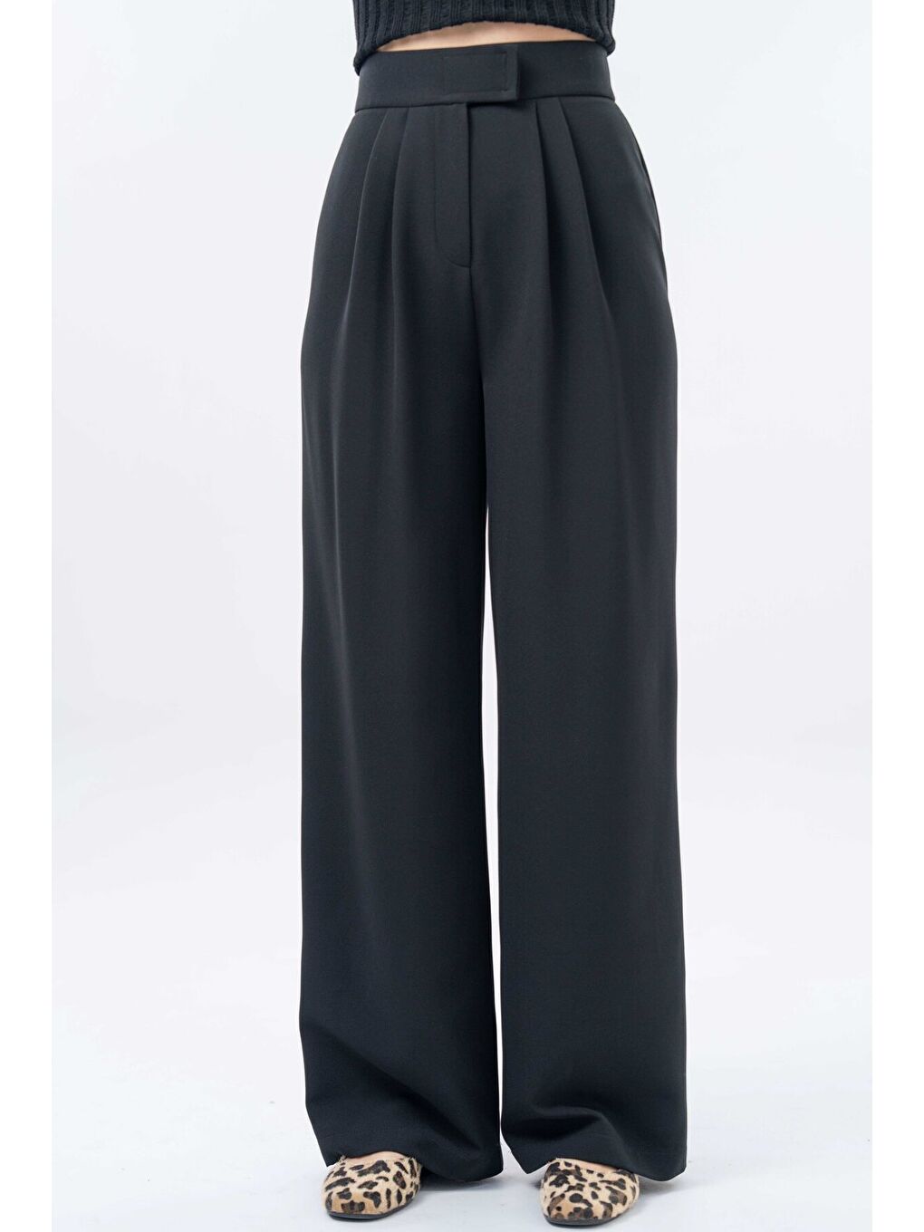 Siyah Yüksek Bel Cırtlı Kapama Çift Pile Dokuma Palazzo Pantolon