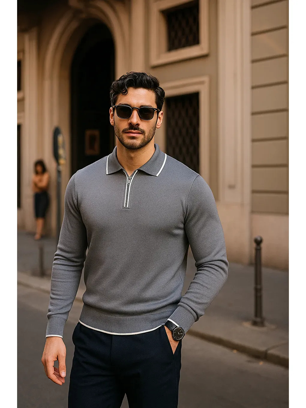 Gri Erkek Fermuarlı Füme Uzun Kollu Polo Yaka Triko Kazak