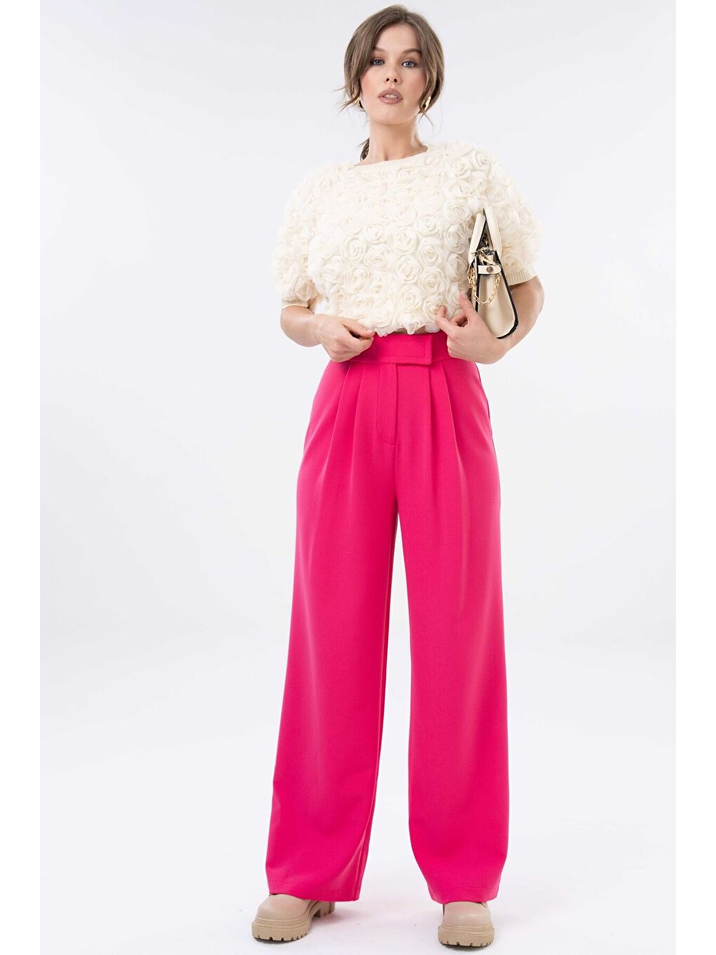Fuşya Yüksek Bel Cırtlı Kapama Çift Pile Dokuma Palazzo Pantolon-4