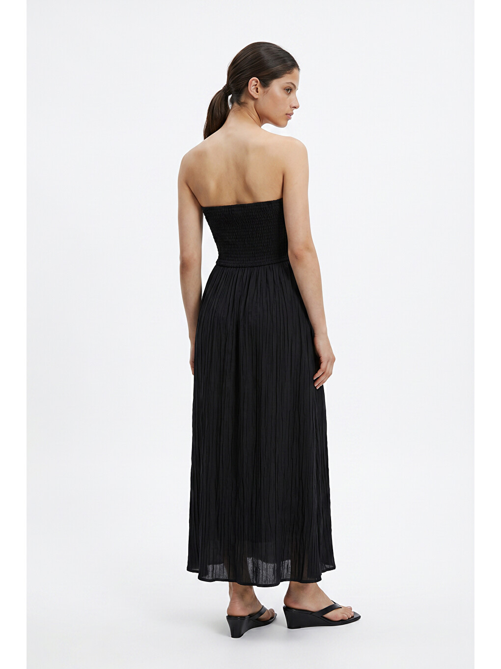 Straplez Drapeli Midi Elbise Siyah-4