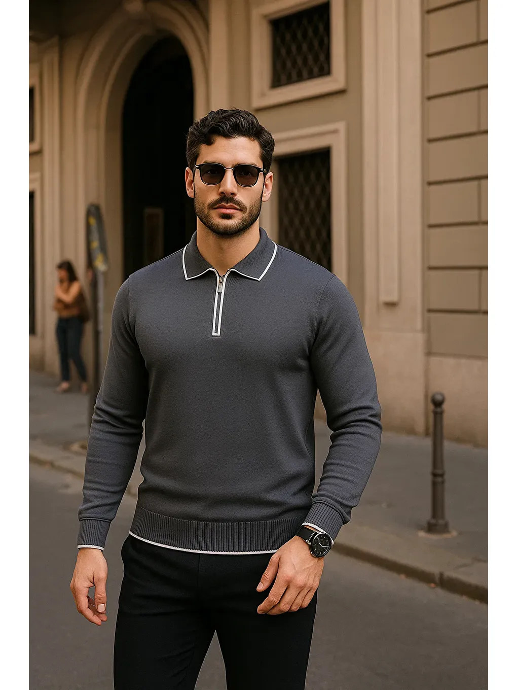 Gri Erkek Fermuarlı Füme Uzun Kollu Polo Yaka Triko Kazak-1