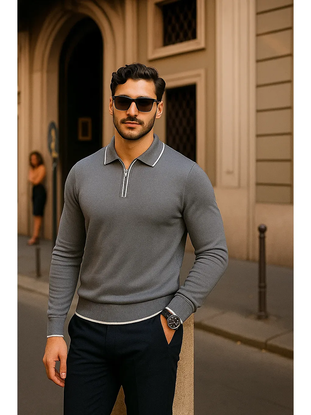 Gri Erkek Fermuarlı Füme Uzun Kollu Polo Yaka Triko Kazak-2