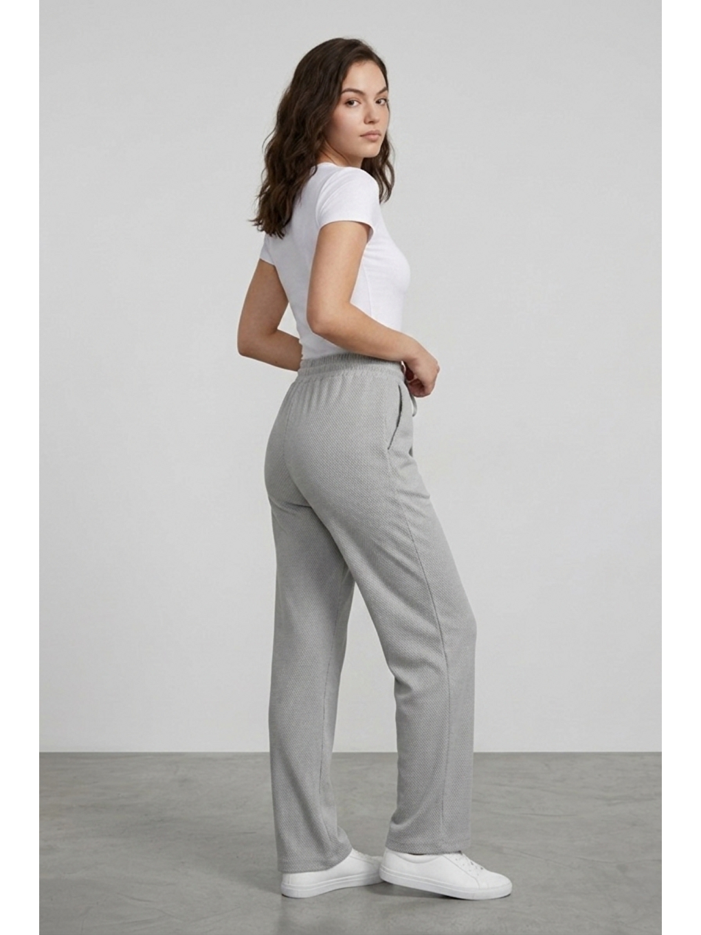 Gri Kadın Pantolon Beli Lastikli Cepli Rahat Kalıp Kadın Spor Pantolon-4