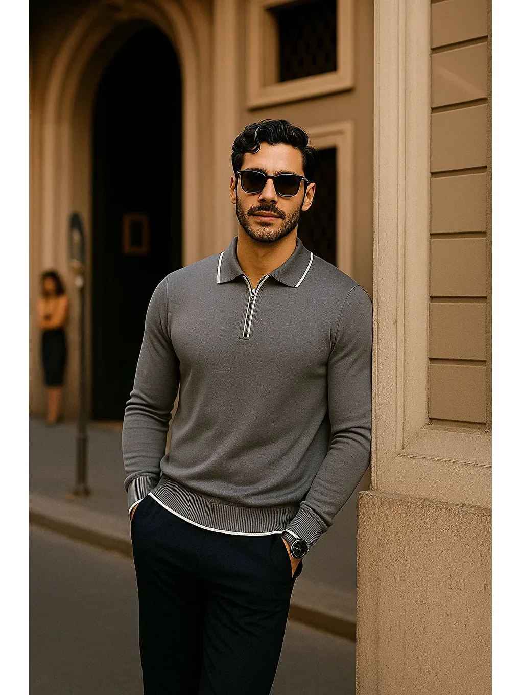 Gri Erkek Fermuarlı Füme Uzun Kollu Polo Yaka Triko Kazak-3