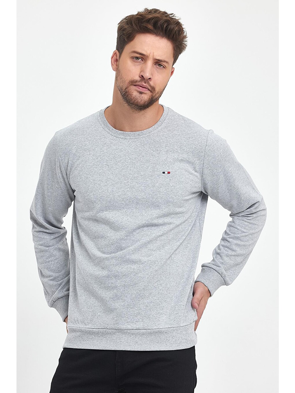Gri Erkek Bordo Sweatshirt Bisiklet Yaka Cepli Regular Fit-2