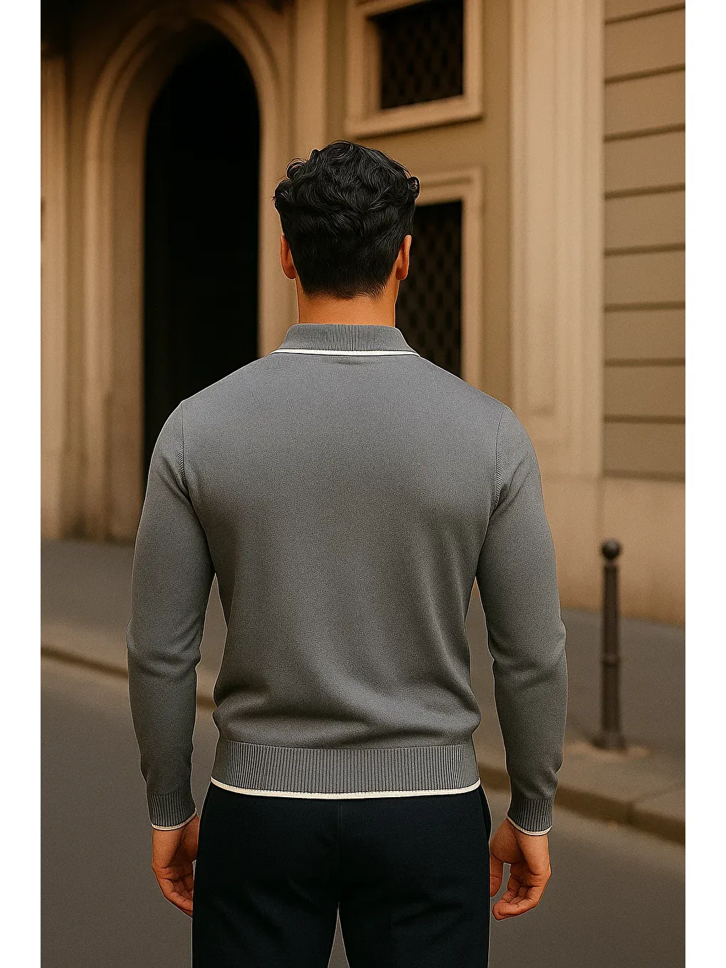 Gri Erkek Fermuarlı Füme Uzun Kollu Polo Yaka Triko Kazak-4