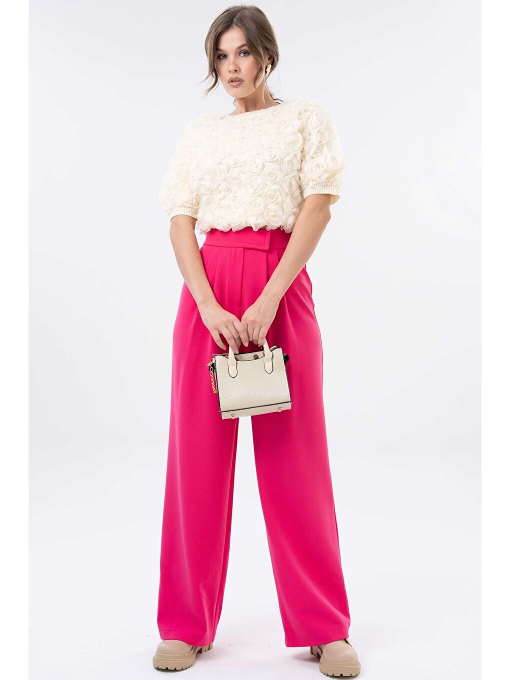 Fuşya Yüksek Bel Cırtlı Kapama Çift Pile Dokuma Palazzo Pantolon-5