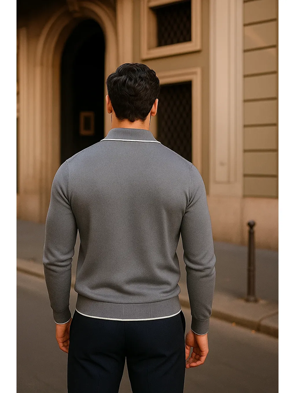 Gri Erkek Fermuarlı Füme Uzun Kollu Polo Yaka Triko Kazak-5