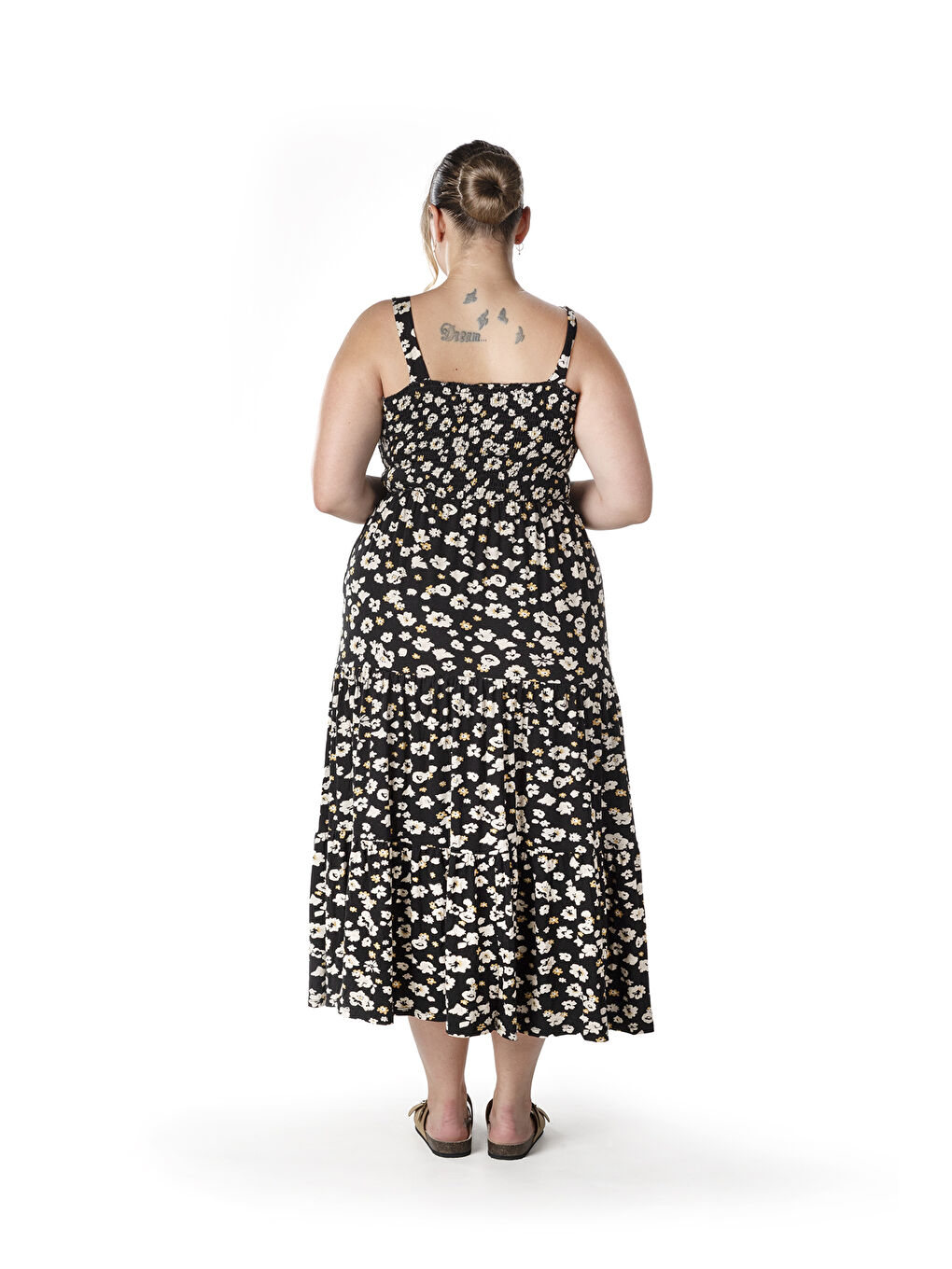 Sarı Büyük Beden Çiçek Desenli Kalın Askılı Beli Lastikli Elbise T-83-3