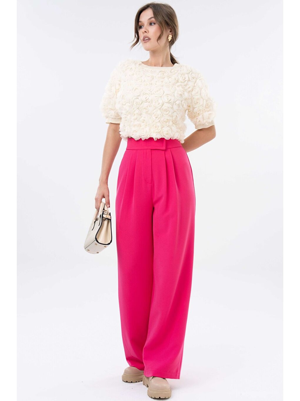 Fuşya Yüksek Bel Cırtlı Kapama Çift Pile Dokuma Palazzo Pantolon-6