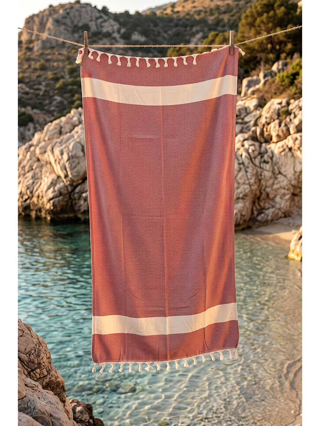 %100 Pamuk Geometrik Desenli Plaj Havlusu Hamam Sauna Deniz Havlusu Peştemal 03 Kırmızı-3