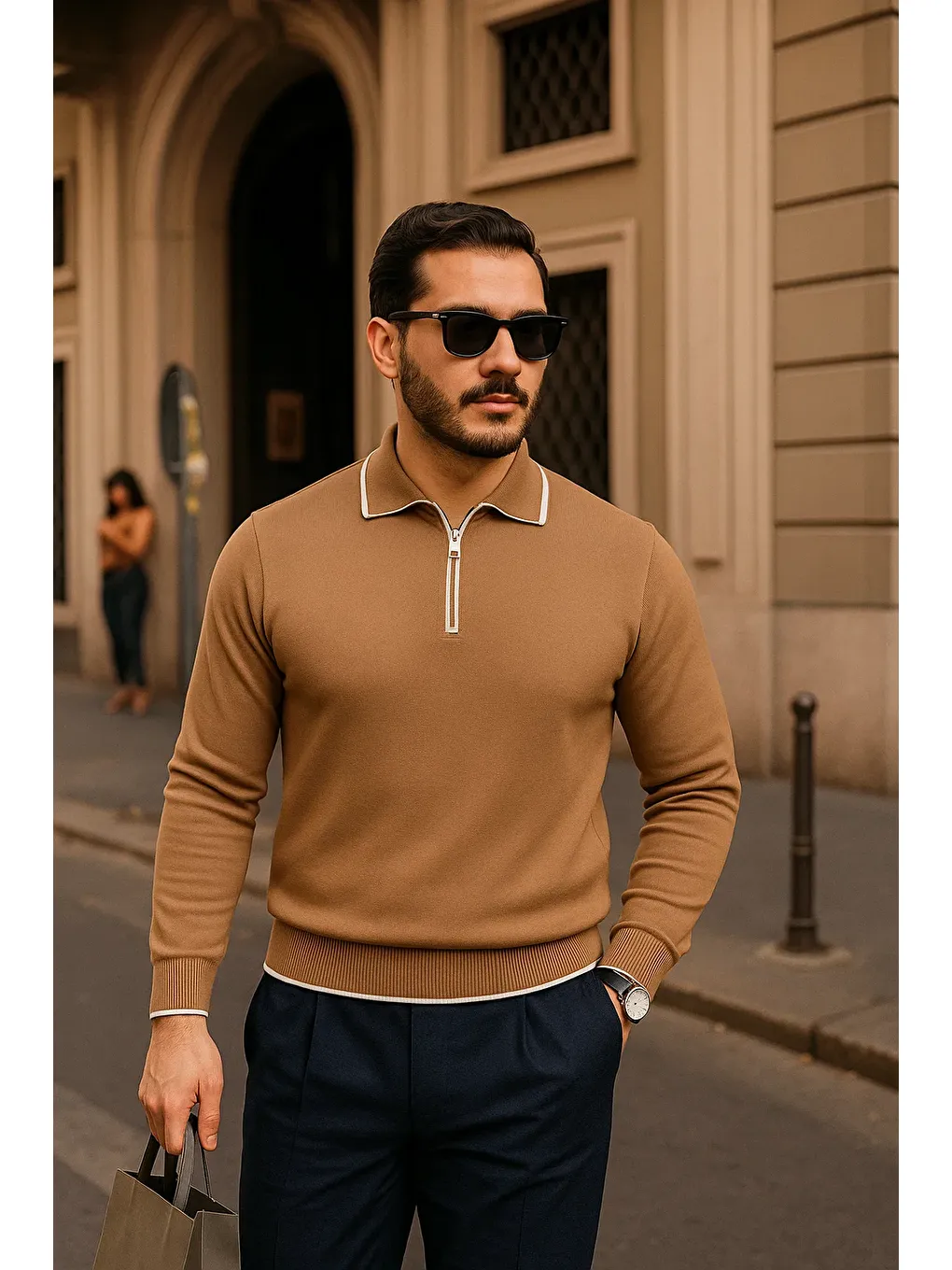 Kahverengi Erkek Fermuarlı Camel Uzun Kollu Polo Yaka Triko Kazak-1