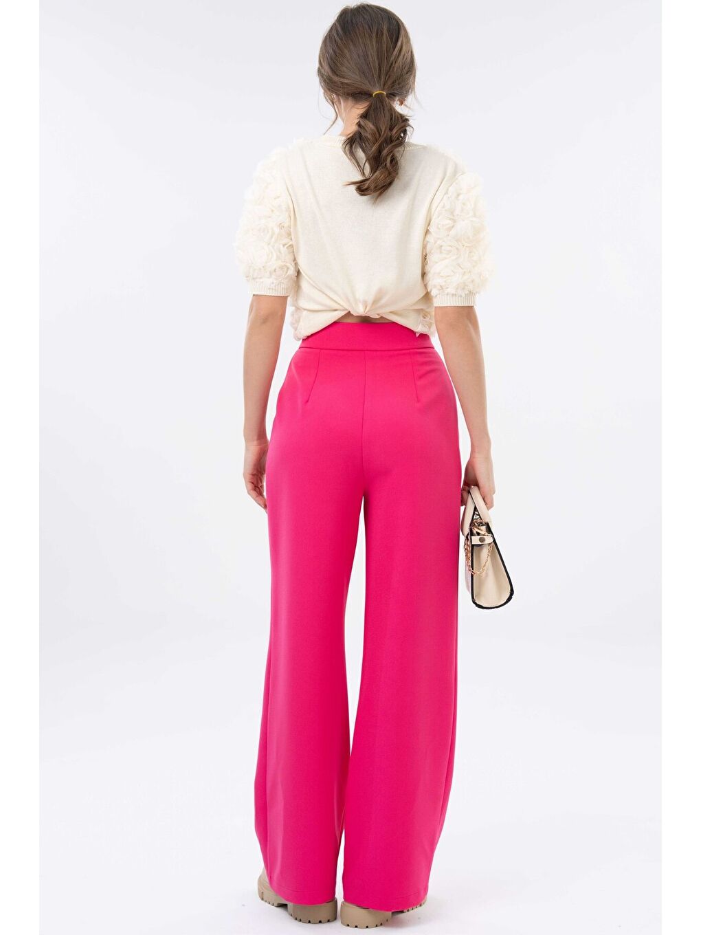 Fuşya Yüksek Bel Cırtlı Kapama Çift Pile Dokuma Palazzo Pantolon-7